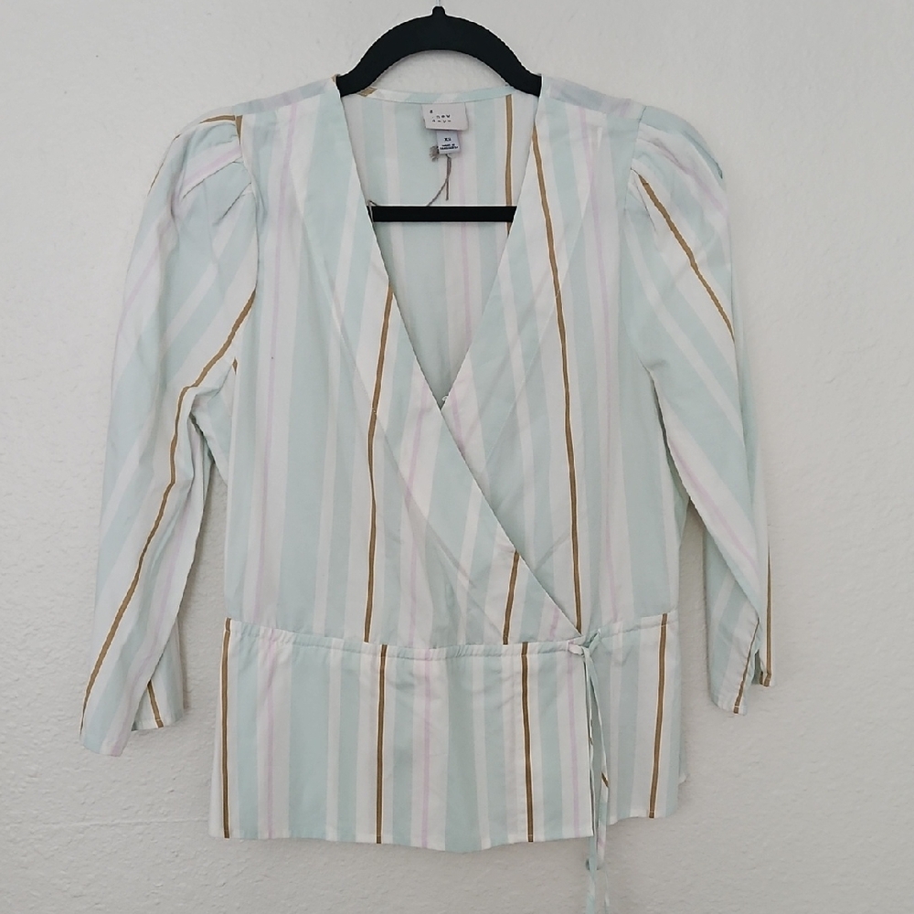 A New Day Blouse Womens Small Striped Wrap Peplum Side Tie Mint.